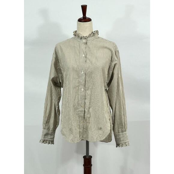 ISABEL MARANT Etoile Sz 40 8 Saoli Tan Stripe Ruffle Trim Shirt Top - Picture 2 of 10